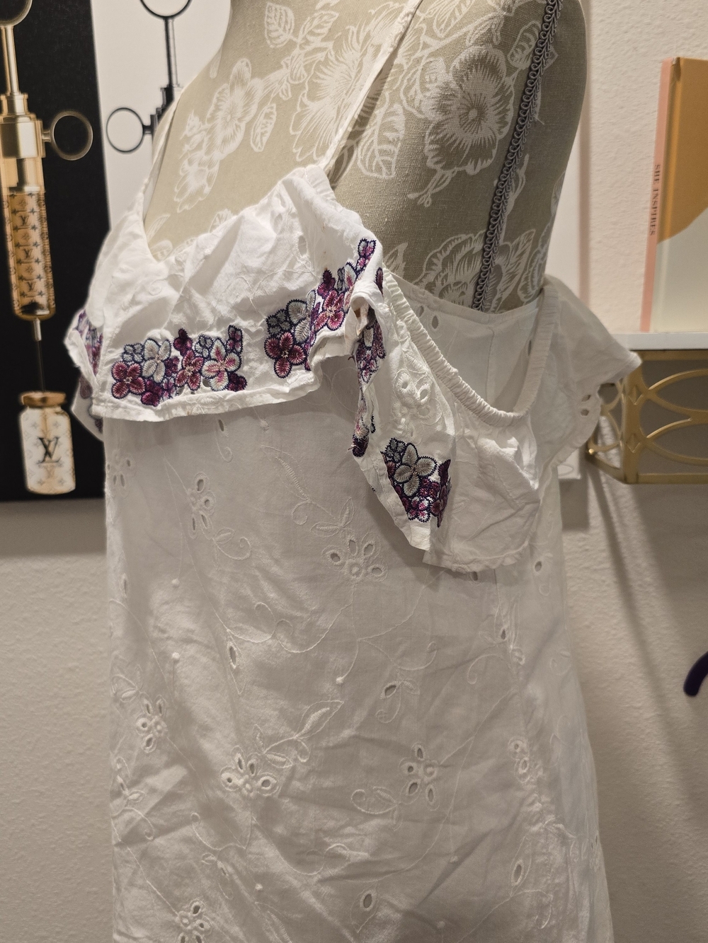 White Eyelet Cold-Shoulder Dress with Purple Floral Embroidery